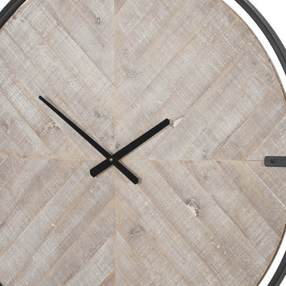 33" BLACK AND NATURAL METAL AND SOLID WOOD ANALOG DISTRESSED ROUND WALL CLOCK