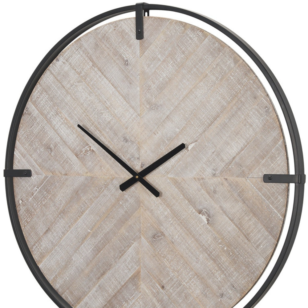 33" BLACK AND NATURAL METAL AND SOLID WOOD ANALOG DISTRESSED ROUND WALL CLOCK
