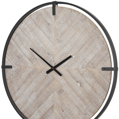 33" BLACK AND NATURAL METAL AND SOLID WOOD ANALOG DISTRESSED ROUND WALL CLOCK