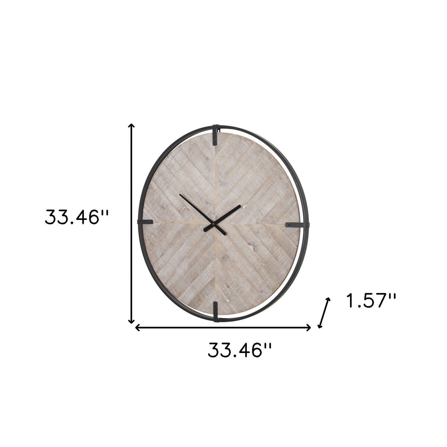 analog distressed round wall clock, distressed round wall clock, wood analog distressed round wall, metal solid wood analog distressed, 33" black natural metal