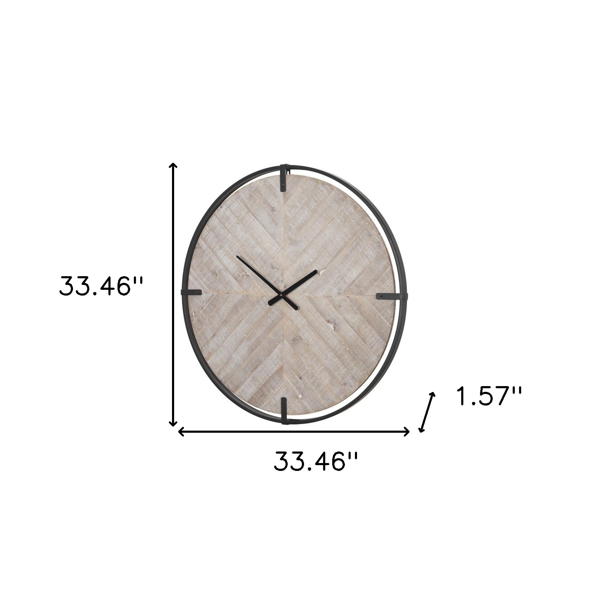 analog distressed round wall clock, distressed round wall clock, wood analog distressed round wall, metal solid wood analog distressed, 33" black natural metal