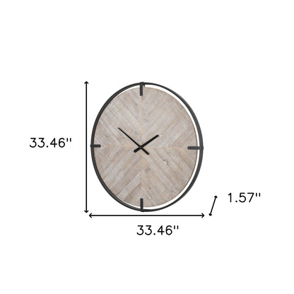 analog distressed round wall clock, distressed round wall clock, wood analog distressed round wall, metal solid wood analog distressed, 33" black natural metal