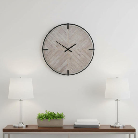 33" BLACK AND NATURAL METAL AND SOLID WOOD ANALOG DISTRESSED ROUND WALL CLOCK