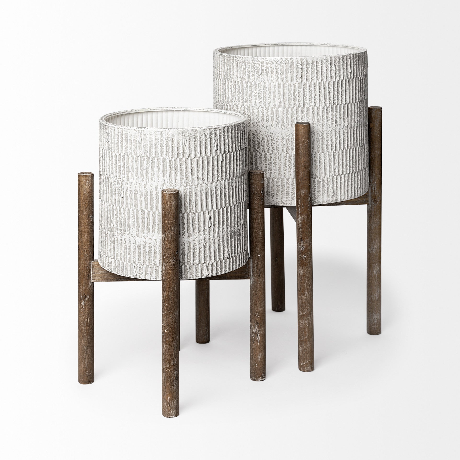 MALIBU SET OF TWO CREAM AND BROWN CERAMIC AND WOOD ROUND ELEVATED PLANTERS - Varnish & Vibe
