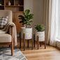 MALIBU SET OF TWO CREAM AND BROWN CERAMIC AND WOOD ROUND ELEVATED PLANTERS - Varnish & Vibe