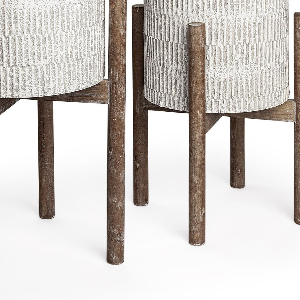 MALIBU SET OF TWO CREAM AND BROWN CERAMIC AND WOOD ROUND ELEVATED PLANTERS - Varnish & Vibe