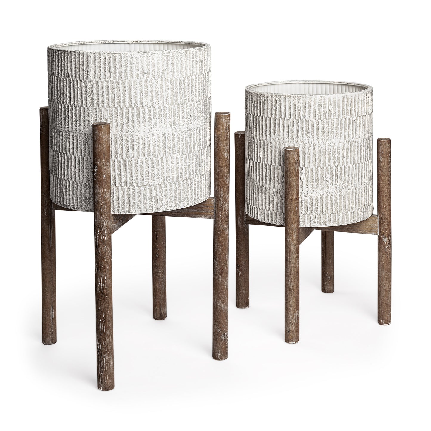 MALIBU SET OF TWO CREAM AND BROWN CERAMIC AND WOOD ROUND ELEVATED PLANTERS - Varnish & Vibe