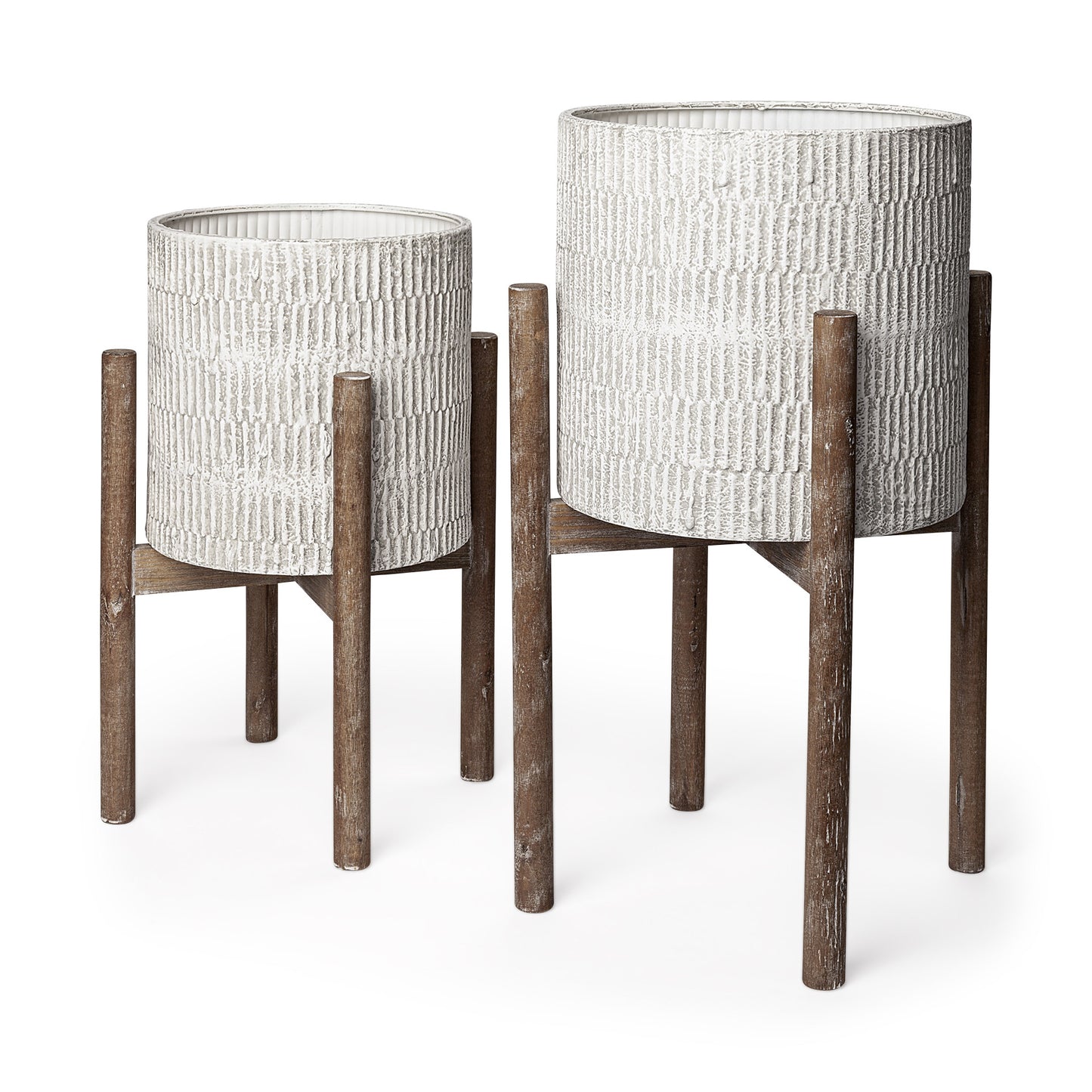 MALIBU SET OF TWO CREAM AND BROWN CERAMIC AND WOOD ROUND ELEVATED PLANTERS - Varnish & Vibe
