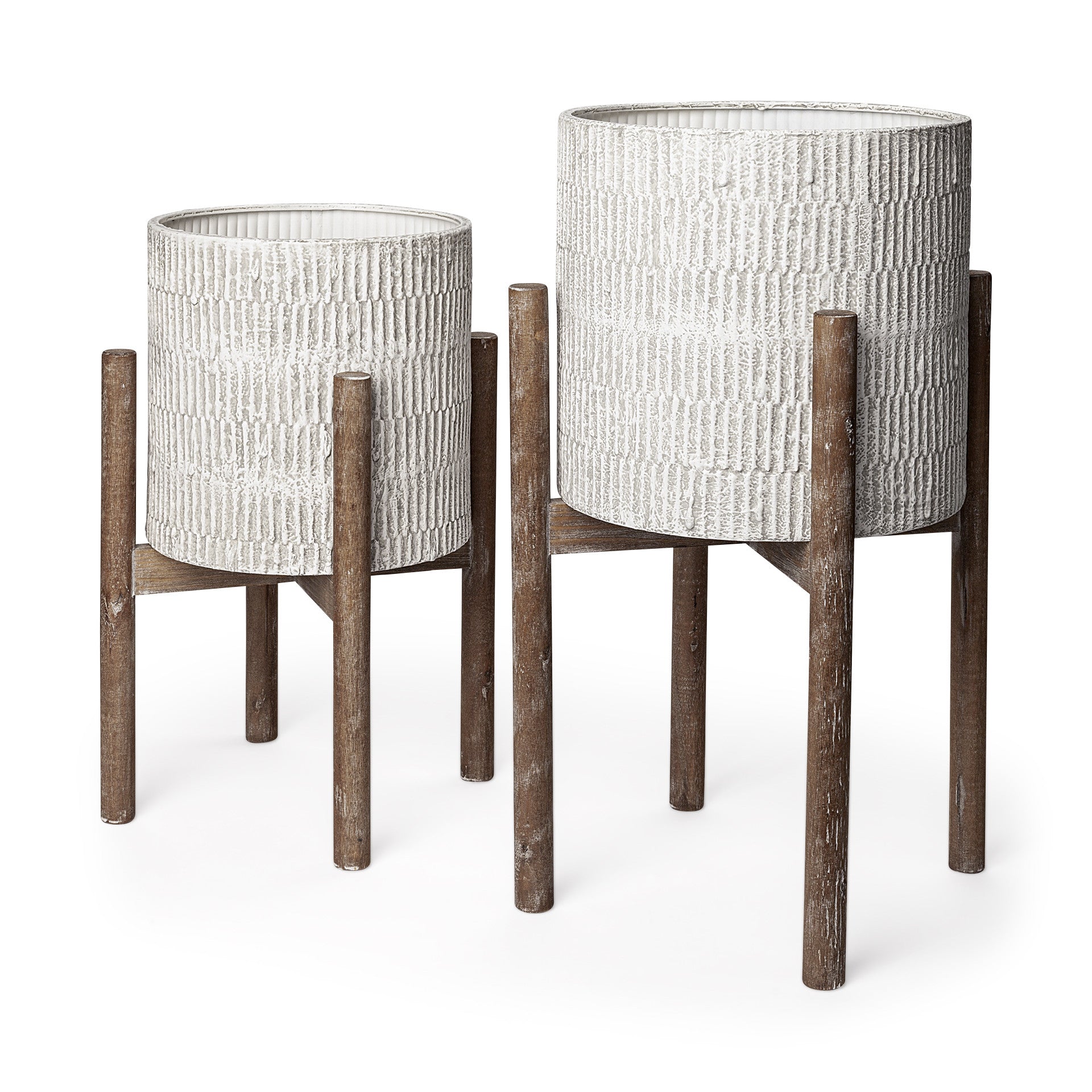 MALIBU SET OF TWO CREAM AND BROWN CERAMIC AND WOOD ROUND ELEVATED PLANTERS - Varnish & Vibe