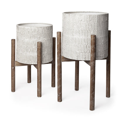 MALIBU SET OF TWO CREAM AND BROWN CERAMIC AND WOOD ROUND ELEVATED PLANTERS - Varnish & Vibe