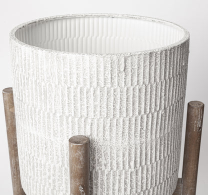 MALIBU SET OF TWO CREAM AND BROWN CERAMIC AND WOOD ROUND ELEVATED PLANTERS - Varnish & Vibe