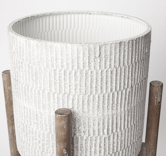 MALIBU SET OF TWO CREAM AND BROWN CERAMIC AND WOOD ROUND ELEVATED PLANTERS - Varnish & Vibe