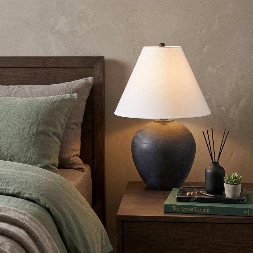 PALISADES 28" BLACK NOVELTY BEDSIDE LAMP WITH DRUM SHADE - Varnish & Vibe