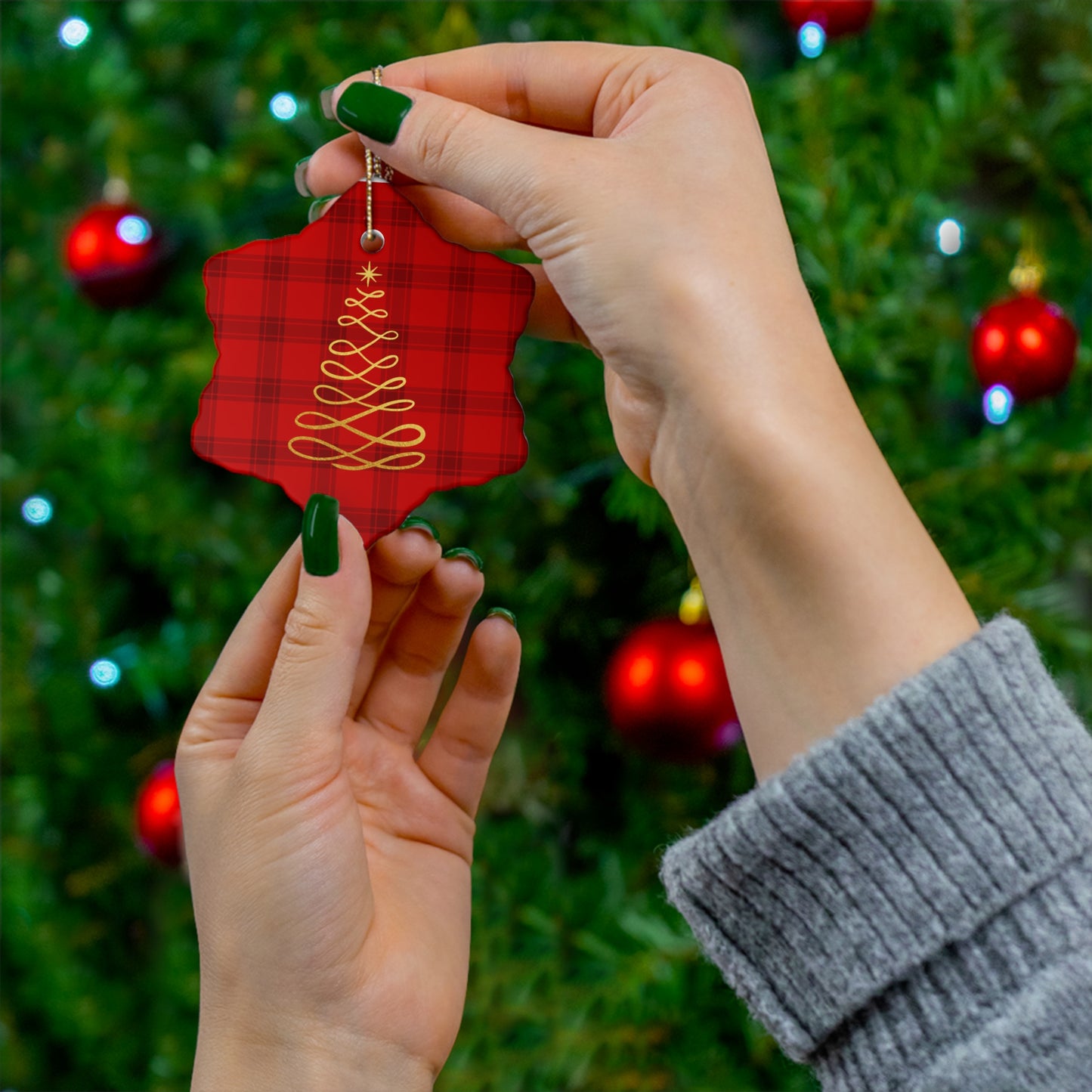 Red Tartan Christmas Tree Ceramic Ornament, 4 Shapes - Varnish & Vibe