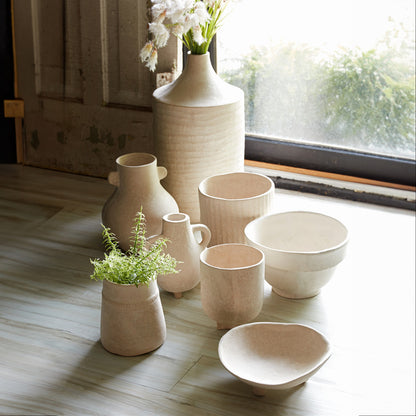 MALIBU 8" BEIGE RECYCLED PAPER TEXTURED LINES URN TABLE VASE - Varnish & Vibe