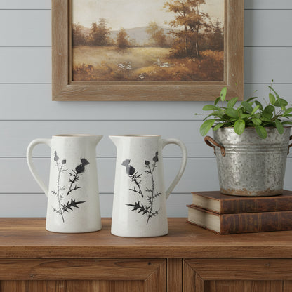 CALABASAS SET OF TWO BLACK AND OFF WHITE FLORAL CERAMIC CYLINDER PITCHER VASE - Varnish & Vibe