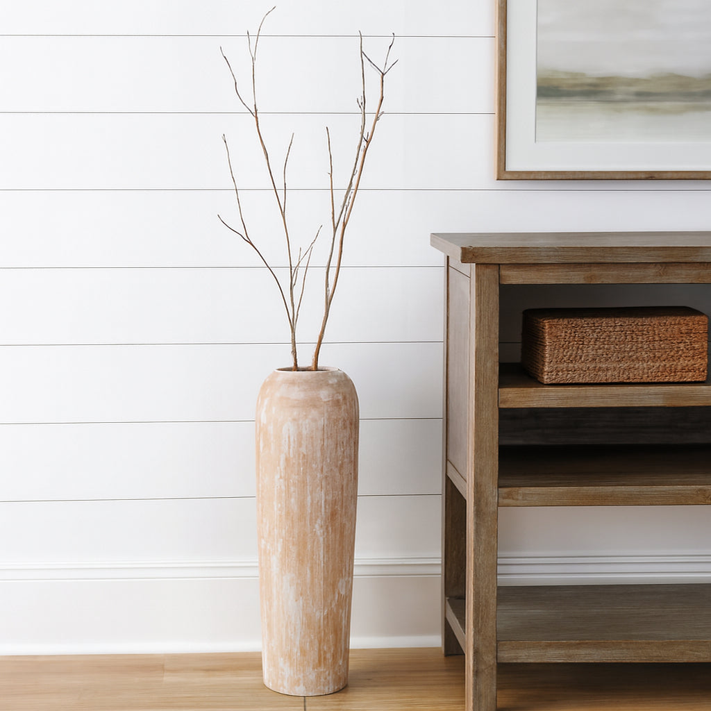 MALIBU 24" BROWN AND WHITE ROUND WOOD FLOOR VASE - Varnish & Vibe