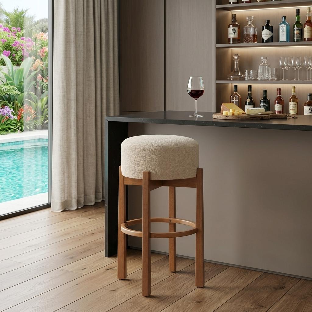 PALISADES SET OF TWO 30" BEIGE FABRIC AND WOOD BACKLESS BAR CHAIRS - Varnish & Vibe