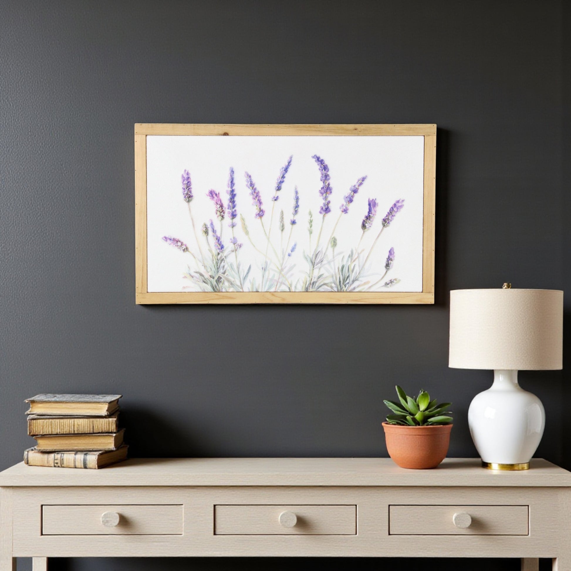 CALABASAS 16" X 26" NATURAL WHITE AND LAVENDER FLORAL WOOD FRAMED ART - Varnish & Vibe