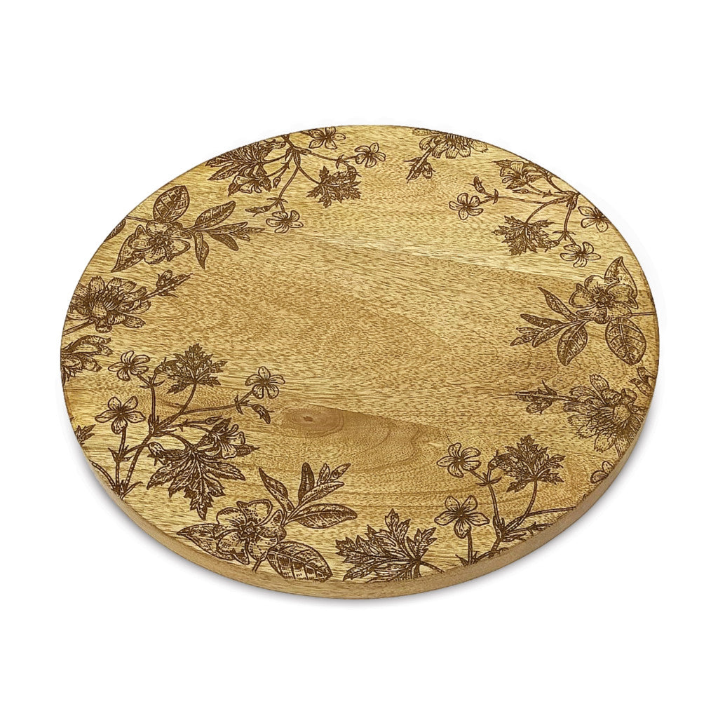 SET OF TWO 12" BROWN SOLID WOOD FLORAL ROUND SERVING TRAYS