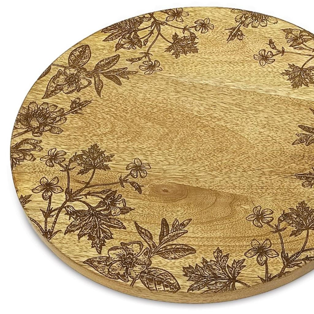 SET OF TWO 12" BROWN SOLID WOOD FLORAL ROUND SERVING TRAYS