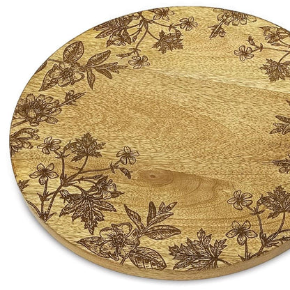 SET OF TWO 12" BROWN SOLID WOOD FLORAL ROUND SERVING TRAYS