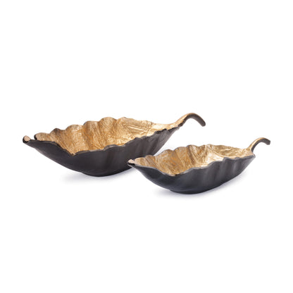 CALABASAS SET OF TWO 25" BLACK AND GOLD CAST ALUMINUM RUSTIC LEAF CENTERPIECE BOWLS - Varnish & Vibe