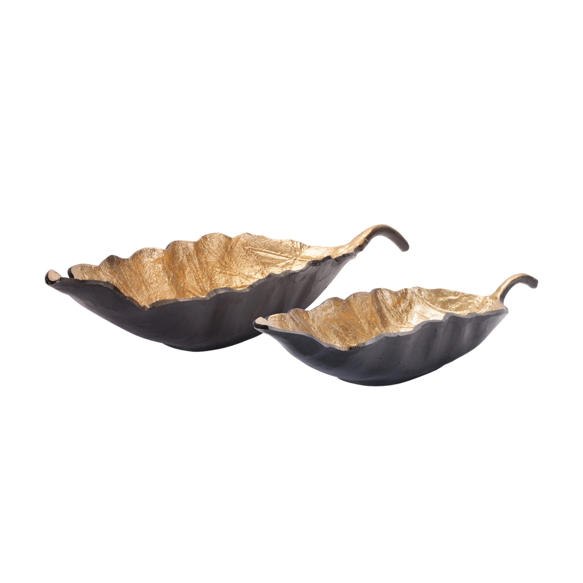 CALABASAS SET OF TWO 25" BLACK AND GOLD CAST ALUMINUM RUSTIC LEAF CENTERPIECE BOWLS - Varnish & Vibe