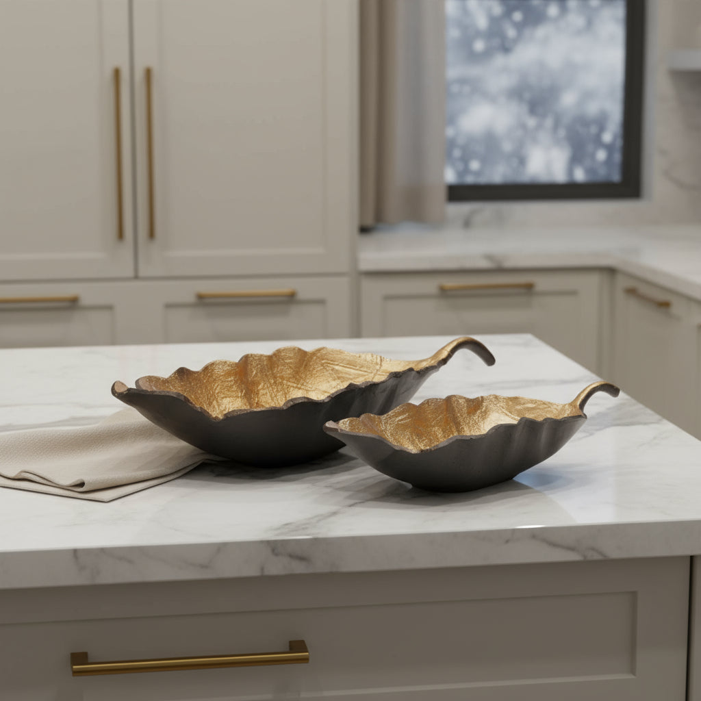 CALABASAS SET OF TWO 25" BLACK AND GOLD CAST ALUMINUM RUSTIC LEAF CENTERPIECE BOWLS - Varnish & Vibe
