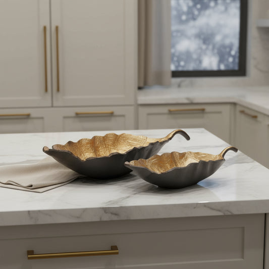 CALABASAS SET OF TWO 25" BLACK AND GOLD CAST ALUMINUM RUSTIC LEAF CENTERPIECE BOWLS - Varnish & Vibe