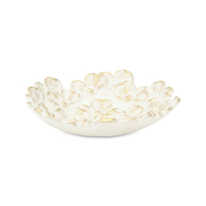 7" WHITE AND GOLD CAST IRON FLOWER ROUND TRINKET TRAY