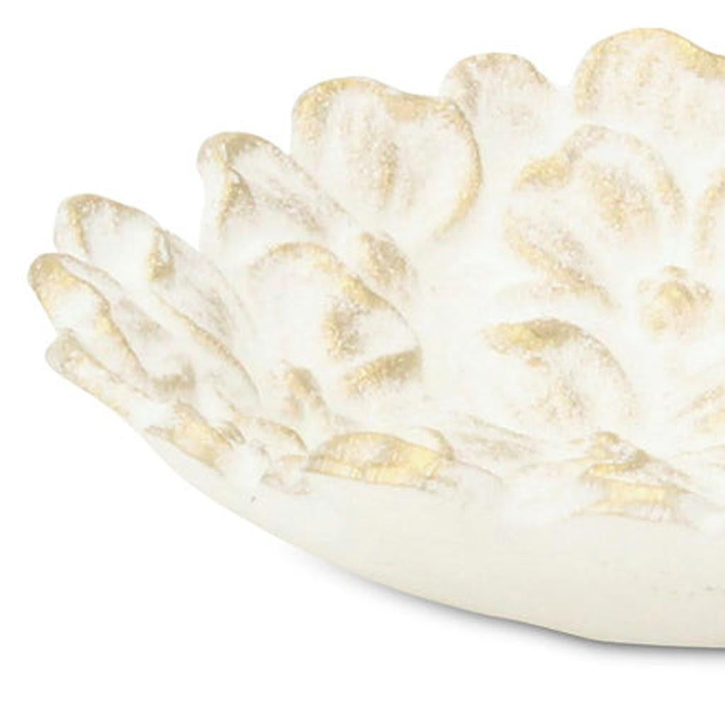 7" WHITE AND GOLD CAST IRON FLOWER ROUND TRINKET TRAY