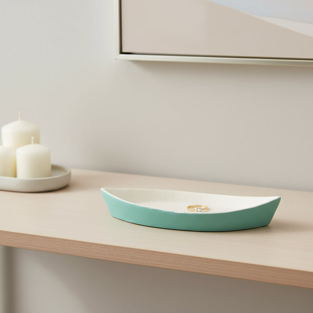 MALIBU 10" AQUA AND WHITE CAST IRON OVAL BOAT SHAPED TRAY - Varnish & Vibe