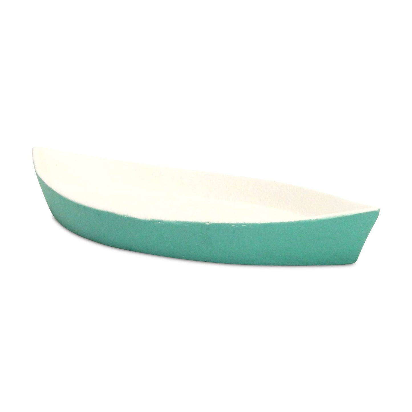 MALIBU 10" AQUA AND WHITE CAST IRON OVAL BOAT SHAPED TRAY - Varnish & Vibe