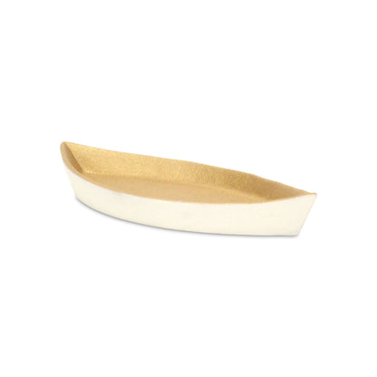 10" GOLD AND OFF WHITE CAST IRON OVAL BOAT SHAPED TRAY