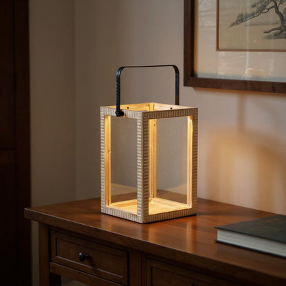 MALIBU 16" CLEAR AND NATURAL GLASS AND SOLID WOOD TABLETOP LANTERN CANDLE HOLDER - Varnish & Vibe