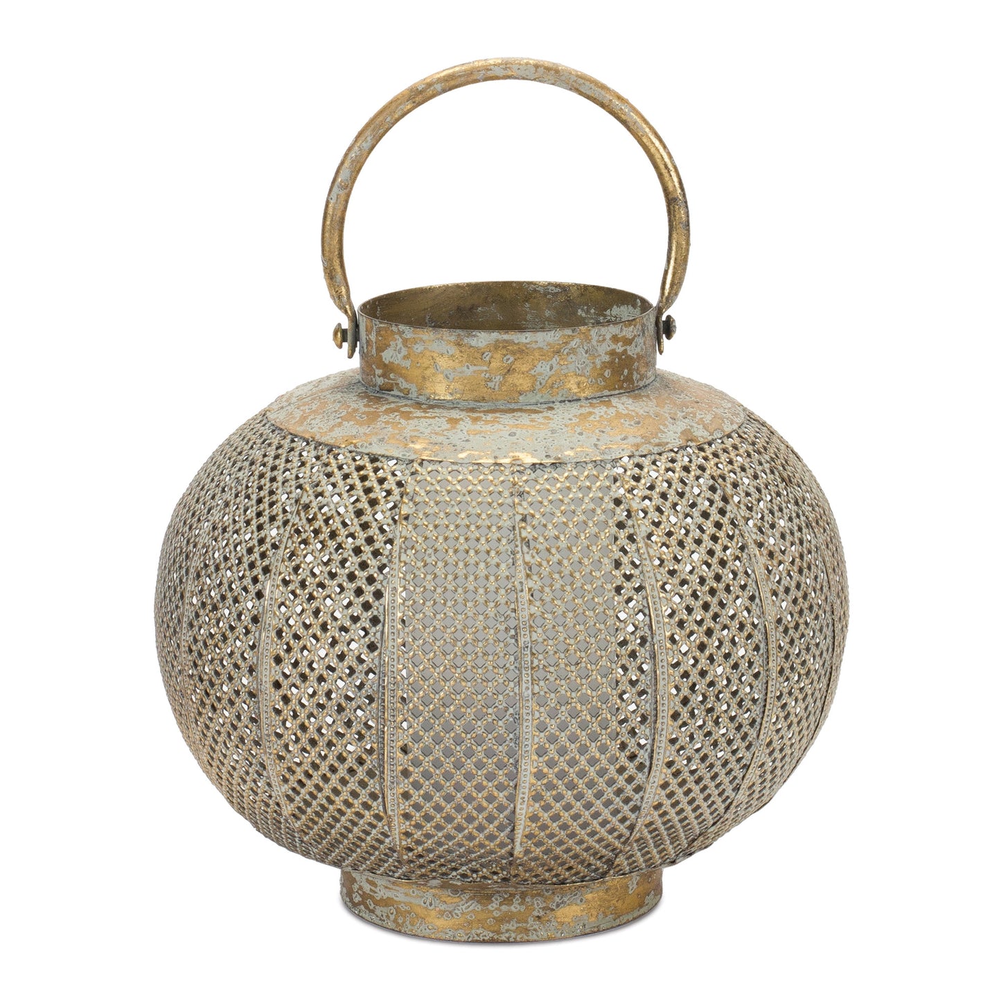 MALIBU 9" BRONZE AND GREEN DISTRESSED LATTICE METAL TABLETOP LANTERN CANDLE HOLDER - Varnish & Vibe