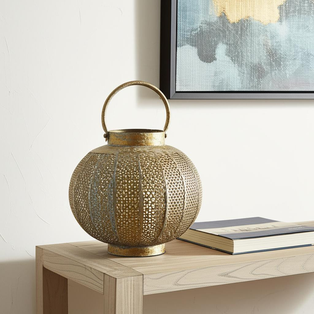 MALIBU 9" BRONZE AND GREEN DISTRESSED LATTICE METAL TABLETOP LANTERN CANDLE HOLDER - Varnish & Vibe