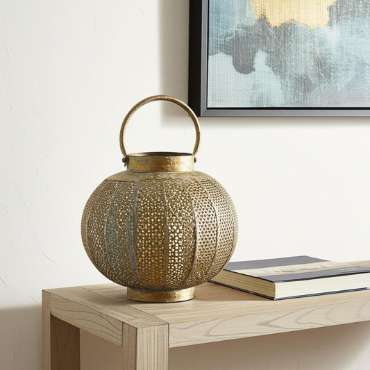 MALIBU 9" BRONZE AND GREEN DISTRESSED LATTICE METAL TABLETOP LANTERN CANDLE HOLDER - Varnish & Vibe