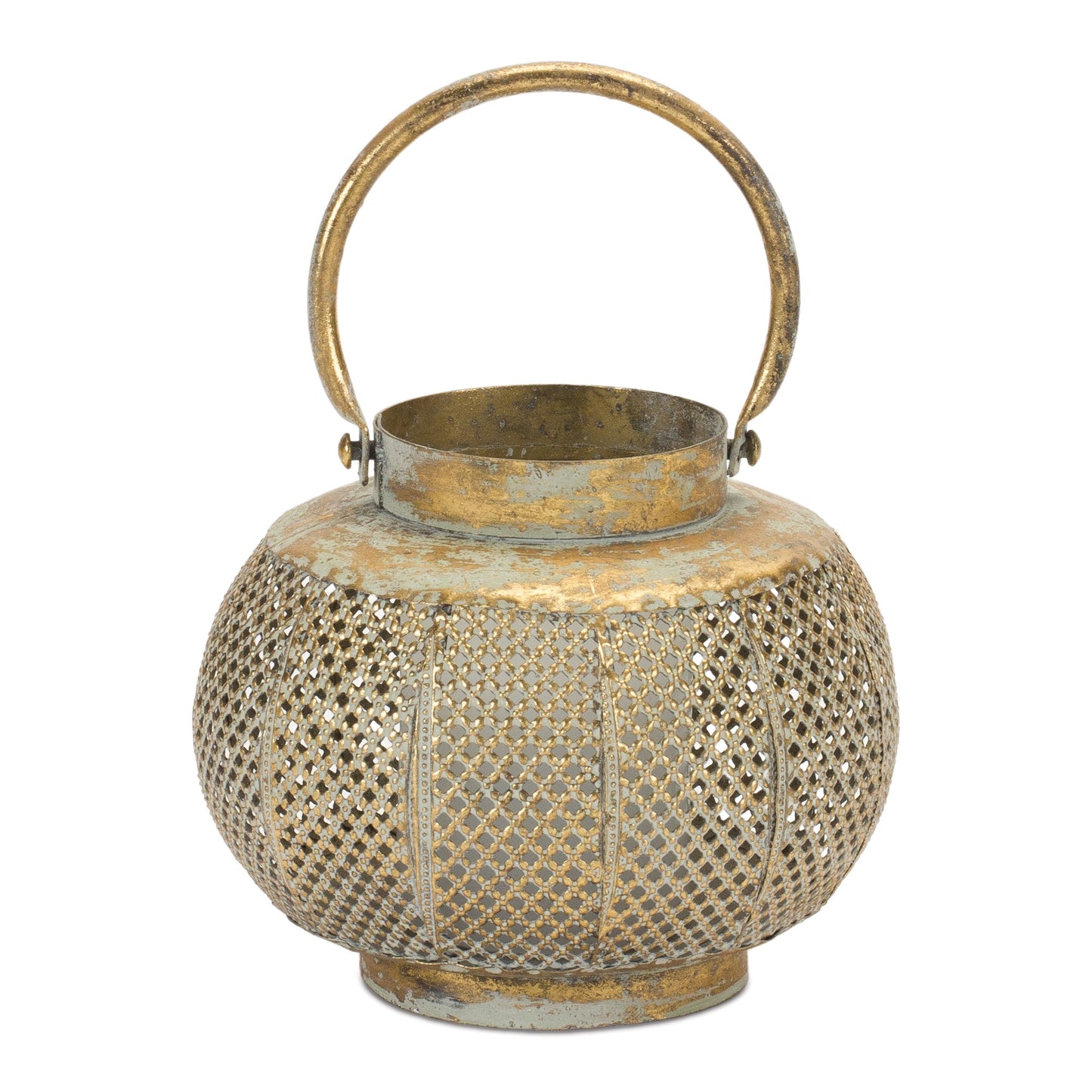 MALIBU 6" BRONZE AND GREEN DISTRESSED LATTICE METAL TABLETOP LANTERN CANDLE HOLDER - Varnish & Vibe