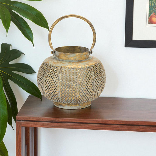 MALIBU 6" BRONZE AND GREEN DISTRESSED LATTICE METAL TABLETOP LANTERN CANDLE HOLDER - Varnish & Vibe