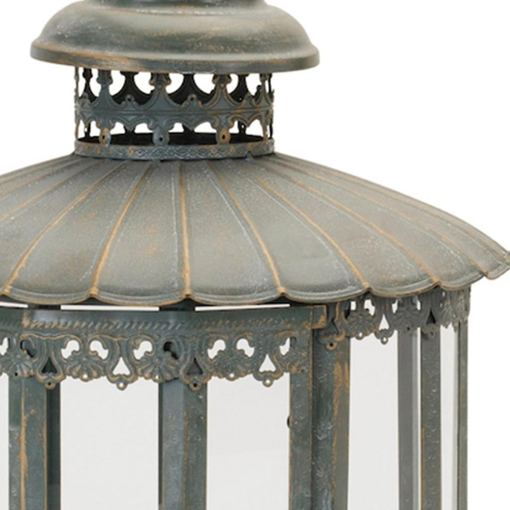 CALABASAS 20" GRAY DISTRESSED GEOMETRIC METAL AND GLASS CENTERPIECE LANTERN CANDLE HOLDER - Varnish & Vibe