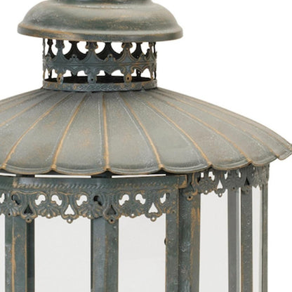 CALABASAS 20" GRAY DISTRESSED GEOMETRIC METAL AND GLASS CENTERPIECE LANTERN CANDLE HOLDER - Varnish & Vibe