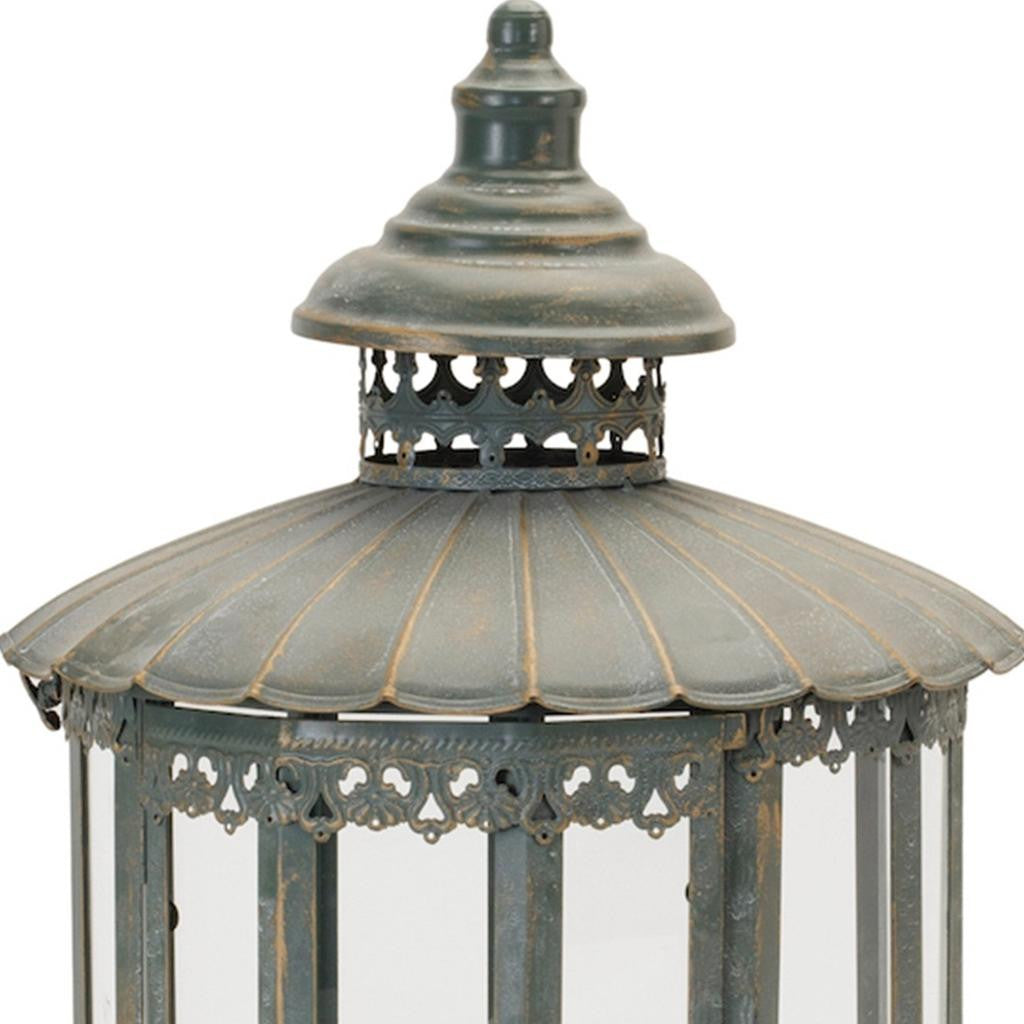 CALABASAS 20" GRAY DISTRESSED GEOMETRIC METAL AND GLASS CENTERPIECE LANTERN CANDLE HOLDER - Varnish & Vibe