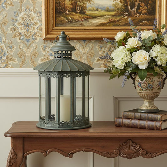 CALABASAS 20" GRAY DISTRESSED GEOMETRIC METAL AND GLASS CENTERPIECE LANTERN CANDLE HOLDER - Varnish & Vibe