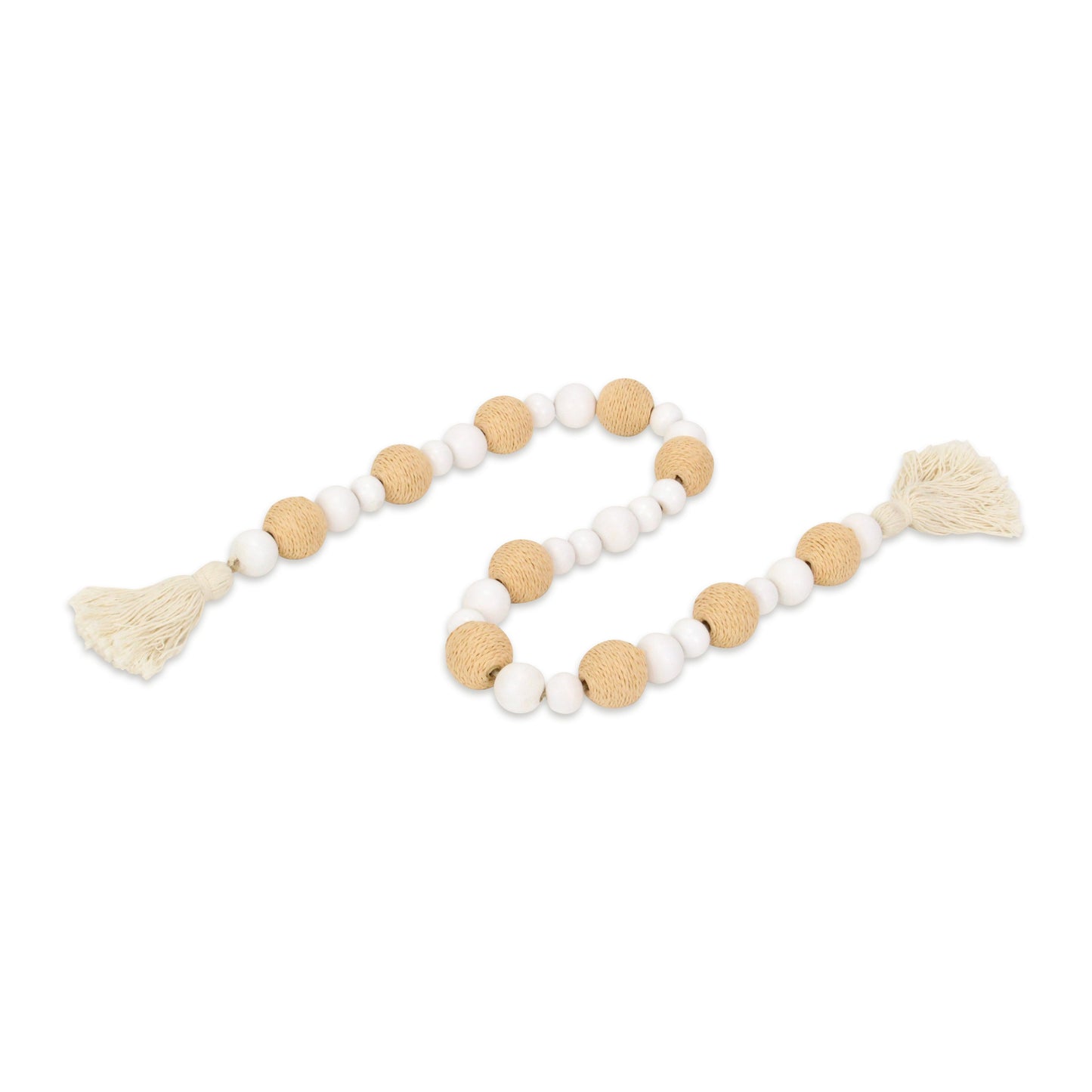 38" WHITE AND NATURAL WOOD AND FABRIC HAND PAINTED DECORATIVE TASSEL