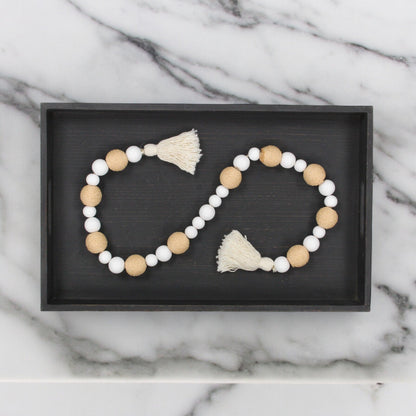 38" WHITE AND NATURAL WOOD AND FABRIC HAND PAINTED DECORATIVE TASSEL