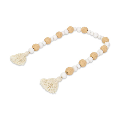 38" WHITE AND NATURAL WOOD AND FABRIC HAND PAINTED DECORATIVE TASSEL