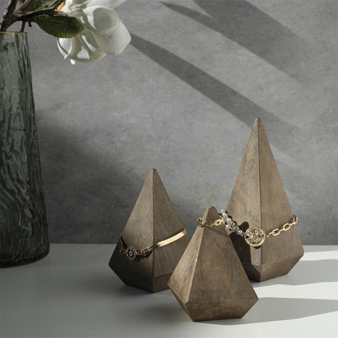pyramid hand painted decorative jewelry, hand painted decorative jewelry holder, painted decorative jewelry holder, wood pyramid hand painted decorative, brown solid wood pyramid hand