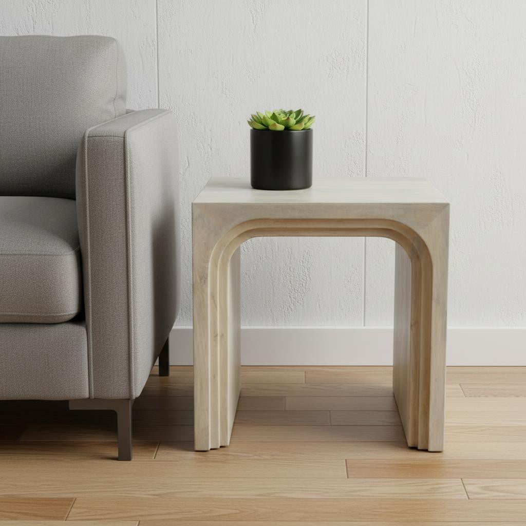24" WHITE SOLID WOOD SQUARE SLED END TABLE